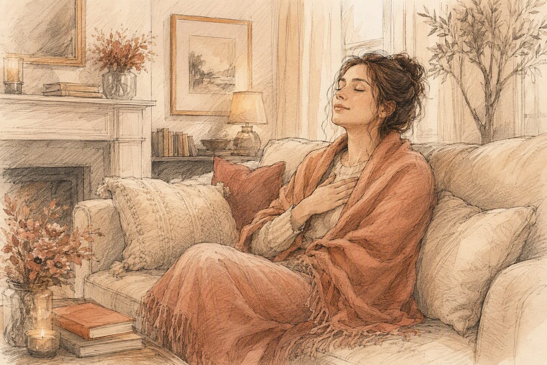 Woman calming herself in window nook