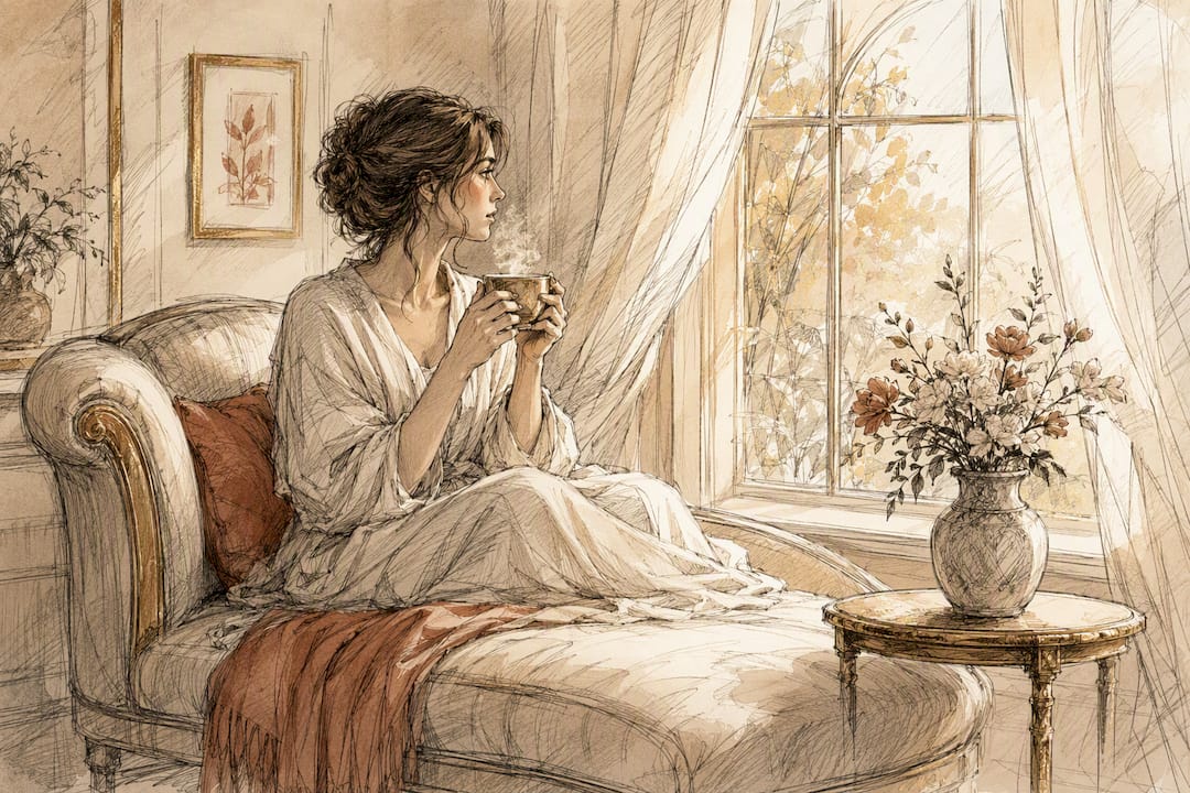 Watercolor painting of woman reflecting in pastel room