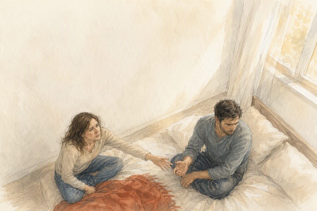 Distressed couple cautiously reconnecting after betrayal